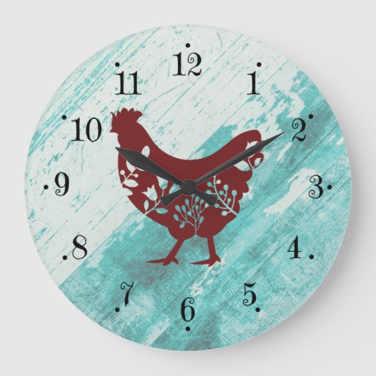 Rustic Farmhouse Red Chicken Faux Wood Wall Clock Grote Klok (Voorkant)