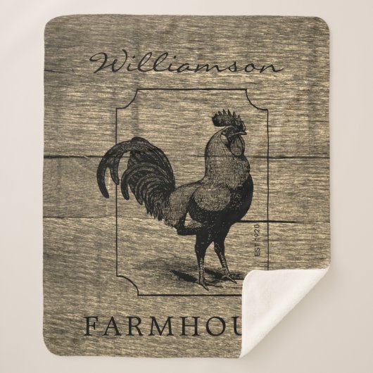 Rustic Farmhouse Rooster Barn Wood Familienaam Sherpa Deken (Voorkant)