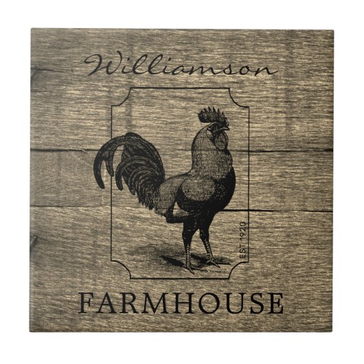 Rustic Farmhouse Rooster Barn Wood Familienaam Tegeltje (Voorkant)