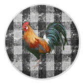Rustic Farmhouse Rooster Black White Gingham Check Keramische Knop (Voorkant)