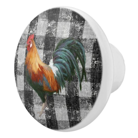 Rustic Farmhouse Rooster Black White Gingham Check Keramische Knop (Rechts)
