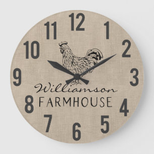 Rustic Farmhouse Rooster Burlap Familienaam Large Grote Klok