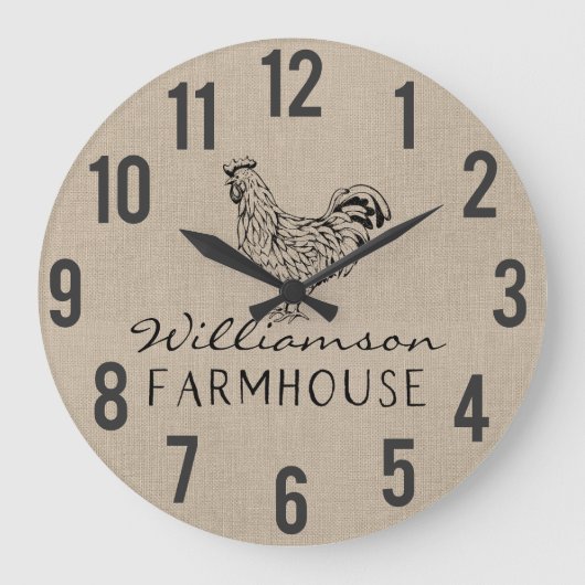 Rustic Farmhouse Rooster Burlap Familienaam Large Grote Klok (Voorkant)