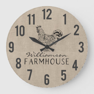 Rustic Farmhouse Rooster Burlap Familienaam Large Grote Klok
