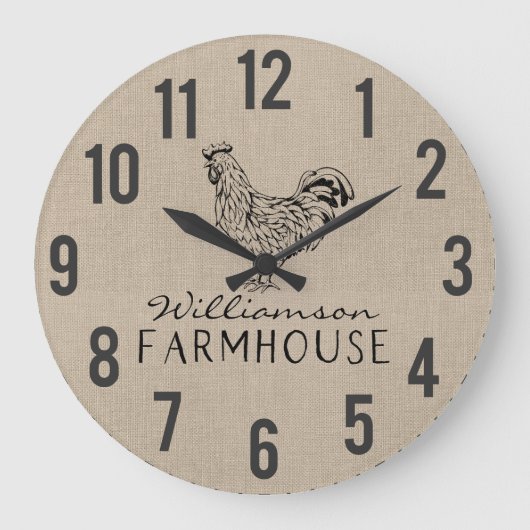 Rustic Farmhouse Rooster Burlap Familienaam Large Grote Klok (Voorkant)