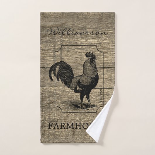 Rustic Farmhouse Rooster Familienaam Barn Wood Handdoek (Handdoek)