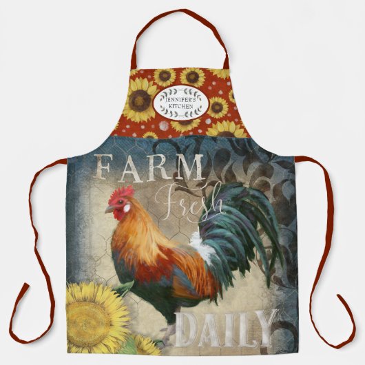 Rustic Farmhouse Rooster n Sunflower Kitchen Schort (Voorkant)
