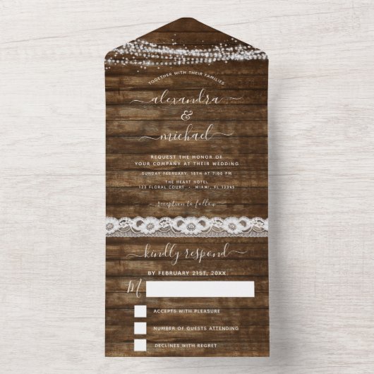 Rustic Farmhouse String Lights Lace Wedding RSVP All In One Uitnodiging (Binnen)