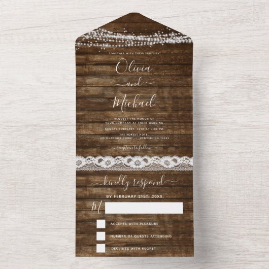 Rustic Farmhouse String Lights Lace Wedding RSVP All In One Uitnodiging (Binnen)