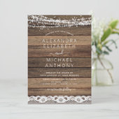 Rustic Farmhouse String Lights Lace Wood Wedding I Kaart (Staand voorkant)