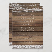 Rustic Farmhouse String Lights Lace Wood Wedding I Kaart (Voorkant / Achterkant)