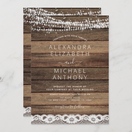 Rustic Farmhouse String Lights Lace Wood Wedding I Kaart (Voorkant / Achterkant)