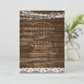 Rustic Farmhouse String Lights Lace Wood Wedding Kaart (Staand voorkant)