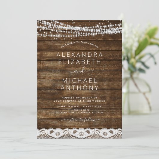 Rustic Farmhouse String Lights Lace Wood Wedding Kaart (Staand voorkant)