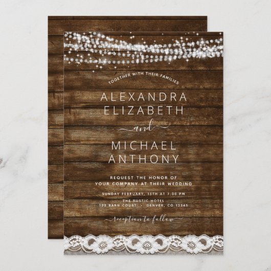 Rustic Farmhouse String Lights Lace Wood Wedding Kaart (Voorkant / Achterkant)