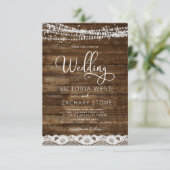 Rustic Farmhouse String Lights Lace Wood Wedding Kaart (Staand voorkant)