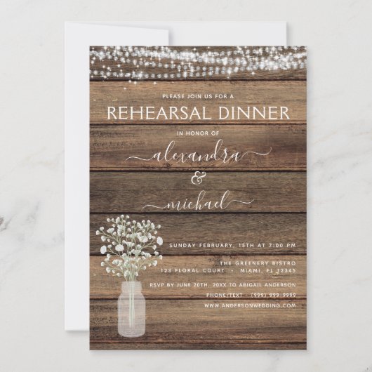 Rustic Farmhouse String Lights Rehearsal Dinner Kaart (Voorkant)