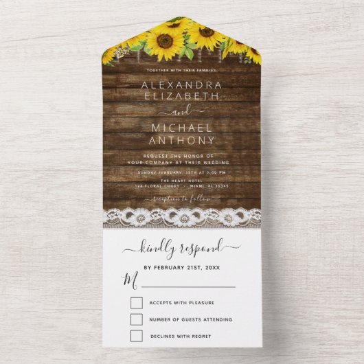 Rustic Farmhouse Sunflower Lace Wedding All In One Uitnodiging (Binnen)