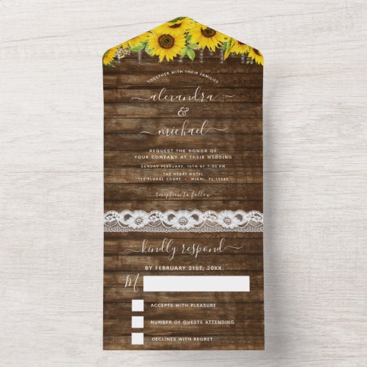 Rustic Farmhouse Sunflower Lace Wedding RSVP All In One Uitnodiging (Binnen)