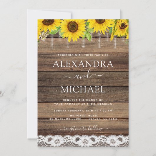 Rustic Farmhouse Sunflower Rustic Wood Wedding Kaart (Voorkant)