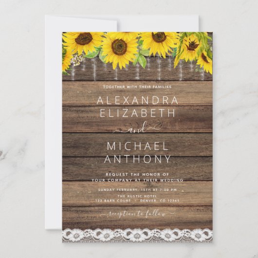 Rustic Farmhouse Sunflower String Lights Wedding Kaart (Voorkant)