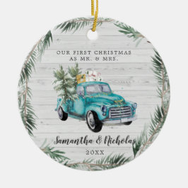 Rustic Farmhouse Truck | Eerste Kerstmis, de heer  Keramisch Ornament