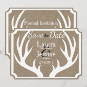 Rustic Farmhouse White Deer Antlers Save the Date (Voorkant / Achterkant)