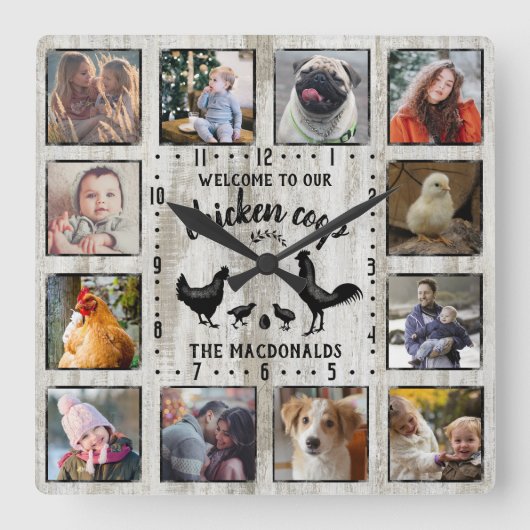 Rustic Farmhouse Wood Chicken Coop Photo Collage Vierkante Klok (Voorkant)
