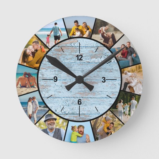 Rustic Faux Blue Wood Fence 12 Photo Collage Ronde Klok (Voorkant)
