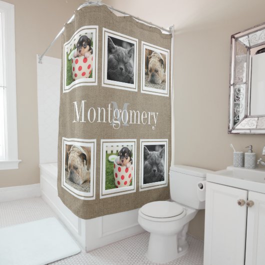 Rustic Faux Burlap 6 Familiefoto's & Familienaam Douchegordijn (In situ)