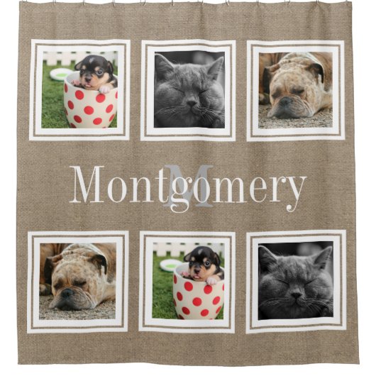 Rustic Faux Burlap 6 Familiefoto's & Familienaam Douchegordijn (Voorkant)