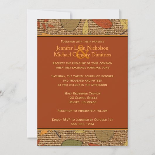 Rustic FAUX Burlap, Autumn Leaves Wedding Invite 2 Kaart (Voorkant)