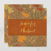 Rustic FAUX Burlap, Autumn Leaves Wedding Invite 3 Kaart (Voorkant / Achterkant)