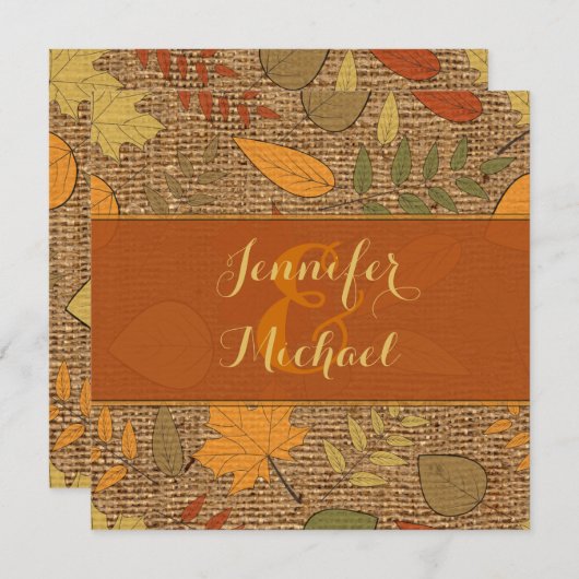 Rustic FAUX Burlap, Autumn Leaves Wedding Invite 3 Kaart (Voorkant / Achterkant)