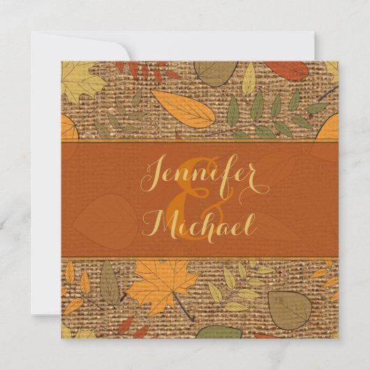 Rustic FAUX Burlap, Autumn Leaves Wedding Invite 3 Kaart (Voorkant)