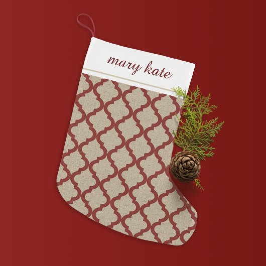 Rustic Faux Burlap en Red Moroccan Quatrefoil Kleine Kerstsok
