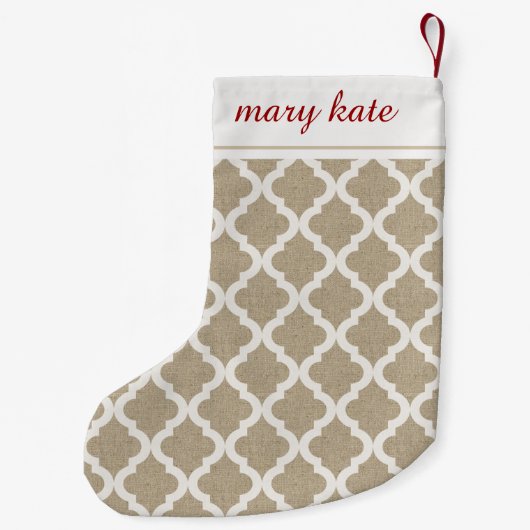 Rustic Faux Burlap en White Moroccan Quatrefoil Kleine Kerstsok (Achterkant)