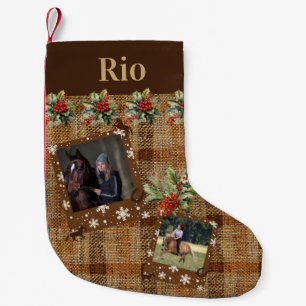 Rustic Faux Burlap Twee Foto Naam Paard Kleine Kerstsok