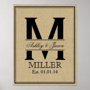 Rustic Faux Burlap Wedding Monogram Poster