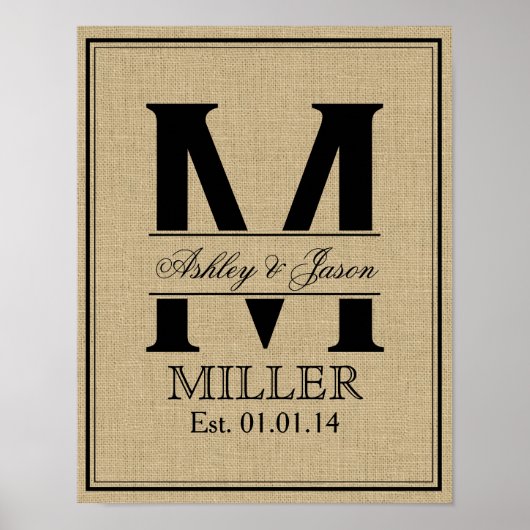 Rustic Faux Burlap Wedding Monogram Poster (Voorkant)
