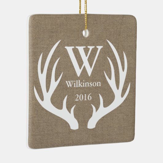 Rustic Faux Burlap White Deer Antlers Foto Keramisch Ornament (Rechts)