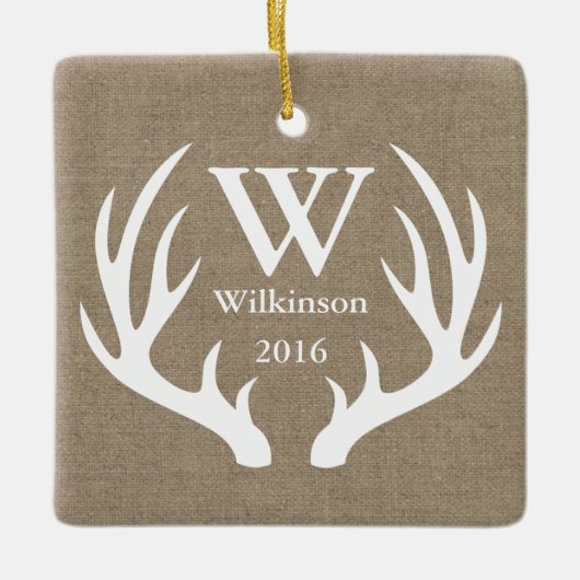 Rustic Faux Burlap White Deer Antlers Foto Keramisch Ornament (Voorkant)