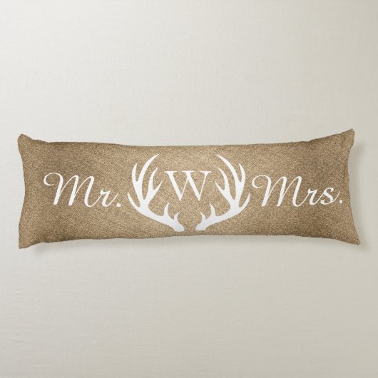 Rustic Faux Burlap & White Deer Antlers Lichaamskussen (Achterkant)
