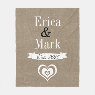 Rustic Faux Burlap White Heart Couple's Names Fleece Deken