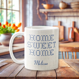 Rustic Faux Cross-Stitch Home Sweet Home Blauw Koffiemok