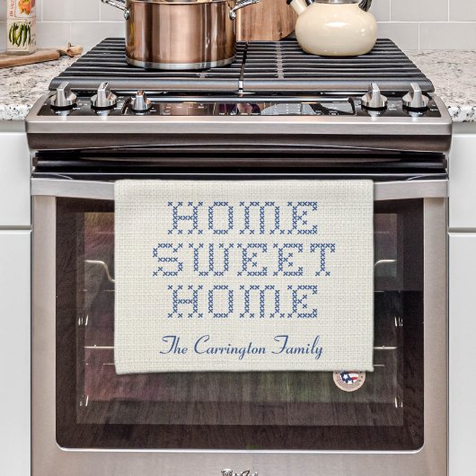 Rustic Faux Cross-Stitch Home Sweet Home Blauw Theedoek