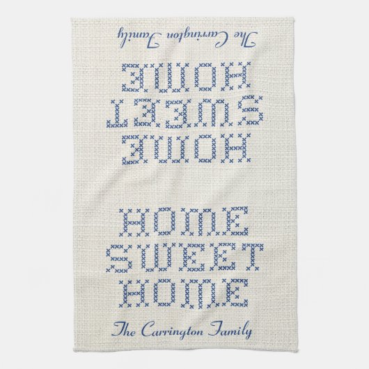 Rustic Faux Cross-Stitch Home Sweet Home Blauw Theedoek (Verticaal)