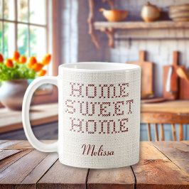 Rustic Faux Cross-Stitch Home Sweet Home Bourgondi Koffiemok