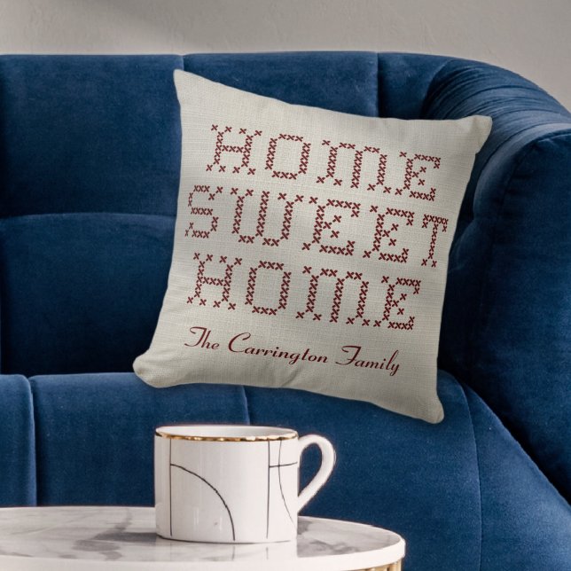 Rustic Faux Cross-Stitch Home Sweet Home Bourgondi Kussen (Rustic and Charming Faux Cross-Stitch Home Sweet Home Burgundy Throw Pillow
)