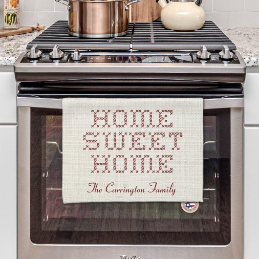 Rustic Faux Cross-Stitch Home Sweet Home Bourgondi Theedoek